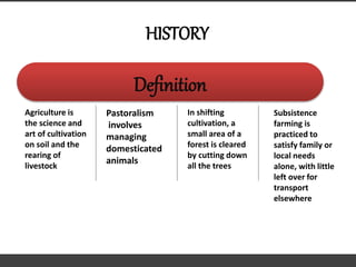 HISTORY
Agriculture is
the science and
art of cultivation
on soil and the
rearing of
livestock
Definition
Pastoralism
involves
managing
domesticated
animals
In shifting
cultivation, a
small area of a
forest is cleared
by cutting down
all the trees
Subsistence
farming is
practiced to
satisfy family or
local needs
alone, with little
left over for
transport
elsewhere
 