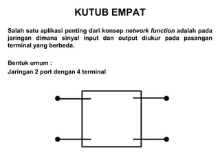 KUTUB EMPAT
Salah satu aplikasi penting dari konsep network function adalah pada
jaringan dimana sinyal input dan output diukur pada pasangan
terminal yang berbeda.
Bentuk umum :
Jaringan 2 port dengan 4 terminal
 