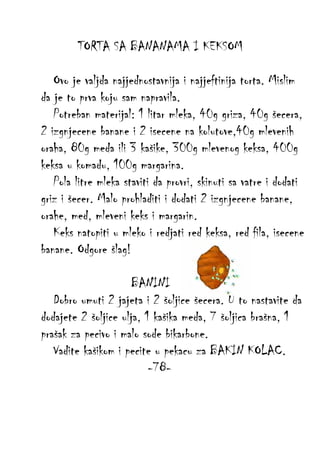 TORTA SA BANANAMA I KEKSOM
Ovo je valjda najjednostavnija i najjeftinija torta. Mislim
da je to prva koju sam napravila.
Potreban materijal: 1 litar mleka, 40g griza, 40g šecera,
2 izgnjecene banane i 2 isecene na kolutove,40g mlevenih
oraha, 80g meda ili 3 kašike, 300g mlevenog keksa, 400g
keksa u komadu, 100g margarina.
Pola litre mleka staviti da provri, skinuti sa vatre i dodati
griz i šecer. Malo prohladiti i dodati 2 izgnjecene banane,
orahe, med, mleveni keks i margarin.
Keks natopiti u mleko i redjati red keksa, red fila, isecene
banane. Odgore šlag!
BANINI
Dobro umuti 2 jajeta i 2 šoljice šecera. U to nastavite da
dodajete 2 šoljice ulja, 1 kašika meda, 7 šoljica brašna, 1
prašak za pecivo i malo sode bikarbone.
Vadite kašikom i pecite u pekacu za BAKIN KOLAC.
-78-

 