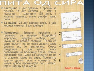    Састојци: 30 дкг брашна, 1 прашак за
    пециво, 15 дкг шећера , 1 јаје, 1
    жуманцe, 1 маргарин (25 дкг), 1
    кашика павлаке, мало ракије, мало
    соли
   За надев: 25 дкг свежег сира, 1 јаје
    корица лимуна, 5 дкг шећера

   Припрема:       Брашно    просејте     с
    прашком     за    пециво.   Издробите
    маргарин,     додајте   шећер,     јаје,
    жуманце и остале састојке. Тесто се
    мора ваљати па се може додати мало
    брашна ако је премекано. Смесу
    разделите     у    два   дела,   сваки
    разваљајте на величину плеха. Првим
    обложите дно, мало га запеците па на
    њ ставите надев од сира. Прекријте
    другим делом теста и испеците. За
    надев добро промешајте сир, шећер,
    јаје и корицу од лимуна.
                                               Може и овако...
 