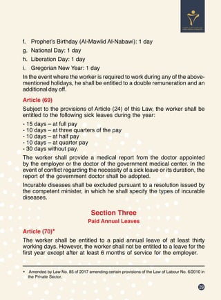 29
f.	 Prophet’s Birthday (Al-Mawlid Al-Nabawi): 1 day
g.	 National Day: 1 day
h.	 Liberation Day: 1 day
i.	 Gregorian New Year: 1 day
In the event where the worker is required to work during any of the above-
mentioned holidays, he shall be entitled to a double remuneration and an
additional day off.
Article (69)
Subject to the provisions of Article (24) of this Law, the worker shall be
entitled to the following sick leaves during the year:
- 15 days – at full pay
- 10 days – at three quarters of the pay
- 10 days – at half pay
- 10 days – at quarter pay
- 30 days without pay.
The worker shall provide a medical report from the doctor appointed
by the employer or the doctor of the government medical center. In the
event of conflict regarding the necessity of a sick leave or its duration, the
report of the government doctor shall be adopted.
Incurable diseases shall be excluded pursuant to a resolution issued by
the competent minister, in which he shall specify the types of incurable
diseases.
Section Three
Paid Annual Leaves
Article (70)*
The worker shall be entitled to a paid annual leave of at least thirty
working days. However, the worker shall not be entitled to a leave for the
first year except after at least 6 months of service for the employer.
*	 Amended by Law No. 85 of 2017 amending certain provisions of the Law of Labour No. 6/2010 in
the Private Sector.
 