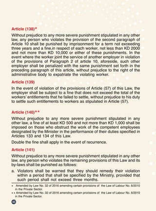 46
Article (138)*
Without prejudice to any more severe punishment stipulated in any other
law, any person who violates the provision of the second paragraph of
Article 10 shall be punished by imprisonment for a term not exceeding
three years and a fine,in respect of each worker, not less than KD 2000
and not more than KD 10,000 or either of these punishments. In the
event where the worker joint the service of another employer in violation
of the provisions of Paragraph 2 of article 10, aforeside, such other
employer shall be penalized with the same punishment set forth in the
preceding paragraph of this article, without prejudice to the right of the
administrative body to expatriate the violating worker.
Article (139)
In the event of violation of the provisions of Article (57) of this Law, the
employer shall be subject to a fine that does not exceed the total of the
workers’ entitlements that he failed to settle, without prejudice to his duty
to settle such entitlements to workers as stipulated in Article (57).
Article (140)**
Without prejudice to any more severe punishment stipulated in any
other law, a fine of at least KD 500 and not more than KD 1,000 shall be
imposed on those who obstruct the work of the competent employees
designated by the Minister in the performance of their duties specified in
Articles 133 and 134 of this Law.
Double the fine shall apply in the event of recurrence.
Article (141)
Without prejudice to any more severe punishment stipulated in any other
law, any person who violates the remaining provisions of this Law and its
by-laws shall be punished as follows:
a.	 Violators shall be warned that they should remedy their violation
within a period that shall be specified by the Ministry, provided that
such period shall not exceed three months.
*	 Amended by Law No. 32 of 2016 amending certain provisions of the Law of Labour No. 6/2010
in the Private Sector.
** Amended by Law No. 32 of 2016 amending certain provisions of the Law of Labour No. 6/2010
in the Private Sector.
 