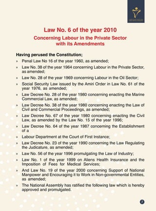 7
Law No. 6 of the year 2010
Concerning Labour in the Private Sector
with its Amendments
Having perused the Constitution;
»
» Penal Law No 16 of the year 1960, as amended;
»
» Law No. 38 of the year 1964 concerning Labour in the Private Sector,
as amended;
»
» Law No. 28 of the year 1969 concerning Labour in the Oil Sector;
»
» Social Security Law issued by the Amiri Order in Law No. 61 of the
year 1976, as amended;
»
» Law Decree No. 28 of the year 1980 concerning enacting the Marine
Commercial Law, as amended;
»
» Law Decree No. 38 of the year 1980 concerning enacting the Law of
Civil and Commercial Proceedings, as amended;
»
» Law Decree No. 67 of the year 1980 concerning enacting the Civil
Law, as amended by the Law No. 15 of the year 1996;
»
» Law Decree No. 64 of the year 1987 concerning the Establishment
of a
»
» Labour Department at the Court of First Instance;
»
» Law Decree No. 23 of the year 1990 concerning the Law Regulating
the Judicature, as amended;
»
» Law No. 56 of the year 1996 promulgating the Law of Industry;
»
» Law No. 1 of the year 1999 on Aliens Health Insurance and the
Imposition of Fees for Medical Services;
»
» And Law No. 19 of the year 2000 concerning Support of National
Manpower and Encouraging it to Work in Non-governmental Entities,
as amended;
»
» The National Assembly has ratified the following law which is hereby
approved and promulgated.
 