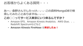 お客様からよくある質問・・・
あー、桑野さんでしたっけ、、、この資料MongoDBで検
索してみたことありますね、、、
この○○ってサービス東京にいつ来るんですか？
• Amazon EFS、Amazon Kinesis Analytics、AWS Glue、、、
Redshift Spectrumなどなど
• Amazon Kinesis FireHose は来ましたぁ！
 