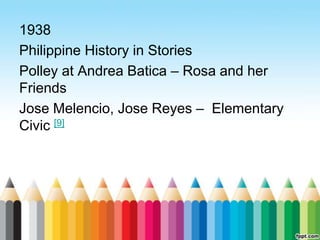 1938
Philippine History in Stories
Polley at Andrea Batica – Rosa and her
Friends
Jose Melencio, Jose Reyes – Elementary
Civic [9]
 