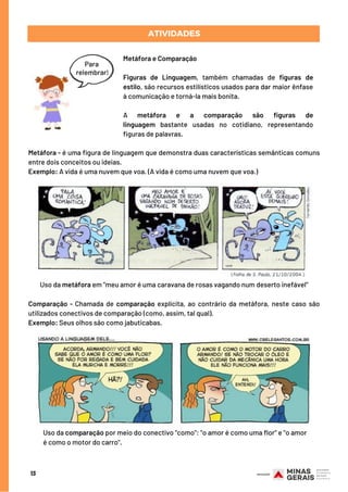 Para
relembrar!
Metáfora e Comparação
Figuras de Linguagem, também chamadas de  figuras de
estilo, são recursos estilísticos usados para dar maior ênfase
à comunicação e torná-la mais bonita.
A  metáfora e a comparação são figuras de
linguagem  bastante usadas no cotidiano, representando
figuras de palavras.
ATIVIDADES
13
Metáfora - é uma figura de linguagem que demonstra duas características semânticas comuns
entre dois conceitos ou ideias.
Exemplo: A vida é uma nuvem que voa. (A vida é como uma nuvem que voa.)
Uso da metáfora em "meu amor é uma caravana de rosas vagando num deserto inefável"
Comparação - Chamada de  comparação  explícita, ao contrário da metáfora, neste caso são
utilizados conectivos de comparação (como, assim, tal qual).
Exemplo: Seus olhos são como jabuticabas.
Uso da comparação por meio do conectivo "como": "o amor é como uma flor" e "o amor
é como o motor do carro".
 