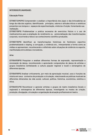 16
INTERDISCIPLINARIDADE:  
 
Educação Física
(EF89EF22MGP9) Compreender e analisar a importância dos jogos e das brincadeiras ao
longo da vida dos sujeitos, identificando princípios, valores e atitudes éticos e estéticos
presentes nos tempos e espaços de experimentação, vivência e fruição, fomentando sua
realização. 
(EF89EF09P9) Problematizar a prática excessiva de exercícios físicos e o uso de
medicamentos para a ampliação do rendimento ou potencialização das transformações
corporais, recorrendo a fatos e ao conhecimento científico produzido.
(EF89EF05P9) Identificar as transformações históricas do fenômeno esportivo
problematizando o doping, a corrupção, a violência etc., interpretando a forma como as
mídias os apresentam, reconhecendo e refletindo sobre situações de violência no esporte,
manifestada entre atletas e torcedores.
 
Arte:
(EF69AR09P9) Pesquisar e analisar diferentes formas de expressão, representação e
encenação da dança, reconhecendo e apreciando composições de dança de artistas e
grupos brasileiros (enfatizando a cultura popular regional e local) e estrangeiros de
diferentes épocas.
(EF69AR16P9) Analisar criticamente, por meio da apreciação musical, usos e funções da
música em seus contextos de produção e circulação, relacionando as práticas musicais às
diferentes dimensões da vida social, cultural, política, histórica, econômica, estética e
ética.
(EF69AR24P9) Reconhecer e apreciar artistas e grupos de teatro brasileiros (locais e
regionais) e estrangeiros de diferentes épocas, investigando os modos de criação,
produção, divulgação, circulação e organização da atuação profissional em teatro.
 