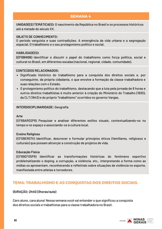 61
UNIDADE(S) TEMÁTICA(S): O nascimento da República no Brasil e os processos históricos
até a metade do século XX.
OBJETO DE CONHECIMENTO:
O período varguista e suas contradições. A emergência da vida urbana e a segregação
espacial. O trabalhismo e o seu protagonismo político e social.
HABILIDADE(S):
(EF09HI06) Identificar e discutir o papel do trabalhismo como força política, social e
cultural no Brasil, em diferentes escalas (nacional, regional, cidade, comunidade).
Significado histórico do trabalhismo para a conquista dos direitos sociais e, por
conseguinte, da própria cidadania, o que envolve a formação da classe trabalhadora e
suas relações com o Estado.
O protagonismo político do trabalhismo, destacando que a luta pela jornada de 8 horas e
outros direitos trabalhistas é muito anterior à criação do Ministério do Trabalho (1930),
da CLT (1943) e do próprio “trabalhismo” ocorridos no governo Vargas.
CONTEÚDOS RELACIONADOS:  
SEMANA 4 
INTERDISCIPLINARIDADE: Geografia
Arte
(EF69AR02P9) Pesquisar e analisar diferentes estilos visuais, contextualizando-os no
tempo e no espaço e associando-os à cultura local.
 
Ensino Religioso
(EF09ER07X) Identificar, descrever e formular princípios éticos (familiares, religiosos e
culturais) que possam alicerçar a construção de projetos de vida. 
Educação Física
(EF89EF05P9) Identificar as transformações históricas do fenômeno esportivo
problematizando o doping, a corrupção, a violência, etc., interpretando a forma como as
mídias os apresentam, reconhecendo e refletindo sobre situações de violência no esporte,
manifestada entre atletas e torcedores.
DURAÇÃO: 2h40 (3horas/aula)
Caro aluno, cara aluna! Nessa semana você vai entender o que significou a conquista
dos direitos sociais e trabalhistas para a classe trabalhadora no Brasil.
TEMA: TRABALHISMO E AS CONQUISTAS DOS DIREITOS SOCIAIS.
 