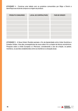 76
ATIVIDADE 4 - Construa uma tabela com os produtos consumidos por Bilge e Drevin e
identifique seu local de compra e a origem do produto.
PRODUTO CONSUMIDO LOCAL DE COMPRA (PAÍS) PAÍS DE ORIGEM
ATIVIDADE 5 - A Nova Ordem Mundial assinala o fim da bipolaridade entre União Soviética e
Estados Unidos. Uma das consequências da nova ordem foi a criação de blocos econômicos.
Pesquise sobre a União Europeia e o Mercosul, considerando o ano de criação, os países,
membros, os acordos estabelecidos entre os membros e a situação atual.
 