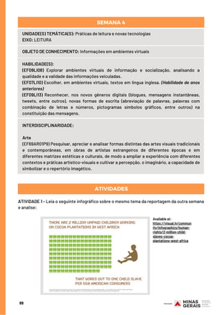 INTERDISCIPLINARIDADE:
Arte
(EF69AR01P9) Pesquisar, apreciar e analisar formas distintas das artes visuais tradicionais
e contemporâneas, em obras de artistas estrangeiros de diferentes épocas e em
diferentes matrizes estéticas e culturais, de modo a ampliar a experiência com diferentes
contextos e práticas artístico-visuais e cultivar a percepção, o imaginário, a capacidade de
simbolizar e o repertório imagético.
ATIVIDADE 1 - Leia o seguinte infográfico sobre o mesmo tema da reportagem da outra semana
e analise:
ATIVIDADES
89
UNIDADE(S) TEMÁTICA(S): Práticas de leitura e novas tecnologias
EIXO: LEITURA
OBJETO DE CONHECIMENTO: Informações em ambientes virtuais
HABILIDADE(S):
(EF09LI08) Explorar ambientes virtuais de informação e socialização, analisando a
qualidade e a validade das informações veiculadas.
(EF07LI10) Escolher, em ambientes virtuais, textos em língua inglesa. (Habilidade de anos
anteriores)
(EF09LI13) Reconhecer, nos novos gêneros digitais (blogues, mensagens instantâneas,
tweets, entre outros), novas formas de escrita (abreviação de palavras, palavras com
combinação de letras e números, pictogramas símbolos gráficos, entre outros) na
constituição das mensagens.
SEMANA 4
Available at:
https://visual.ly/commun
ity/Infographics/human-
rights/2-million-child-
slaves-cocoa-
plantations-west-africa
 