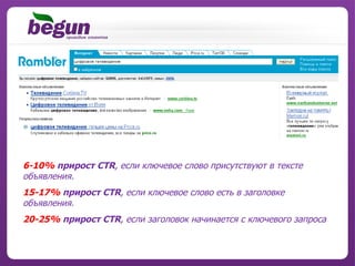 6-10%  прирост CTR , если ключевое слово присутствуют в тексте объявления.  15-17%  прирост CTR , если ключевое слово есть в заголовке объявления.  20-25%  прирост CTR , если заголовок начинается с ключевого запроса 