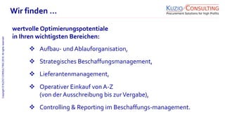 Copyright©KUZIOCONSULTING2018.Allrightsreserved.
1/11
Wir finden …
wertvolle Optimierungspotentiale
in Ihren wichtigsten Bereichen:
 Aufbau- und Ablauforganisation,
 Strategisches Beschaffungsmanagement,
 Lieferantenmanagement,
 Operativer Einkauf von A-Z
(von der Ausschreibung bis zurVergabe),
 Controlling & Reporting im Beschaffungs-management.
 