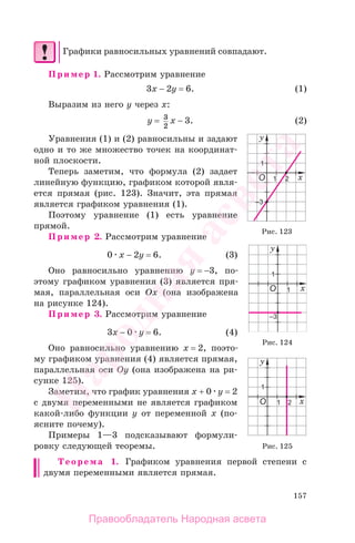 157
Графики равносильных уравнений совпадают.
Пример 1. Рассмотрим уравнение
3х − 2у = 6. (1)
Выразим из него у через х:
у = 3
2
x − 3. (2)
Уравнения (1) и (2) равносильны и задают
одно и то же множество точек на координат-
ной плоскости.
Теперь заметим, что формула (2) задает
линейную функцию, графиком которой явля-
ется прямая (рис. 123). Значит, эта прямая
является графиком уравнения (1).
Поэтому уравнение (1) есть уравнение
прямой.
Пример 2. Рассмотрим уравнение
0 х − 2у = 6. (3)
Оно равносильно уравнению у = −3, по-
этому графиком уравнения (3) является пря-
мая, параллельная оси Ох (она изображена
на рисунке 124).
Пример 3. Рассмотрим уравнение
3х − 0 у = 6. (4)
Оно равносильно уравнению х = 2, поэто-
му графиком уравнения (4) является прямая,
параллельная оси Оу (она изображена на ри-
сунке 125).
Заметим, что график уравнения х + 0 у = 2
с двумя переменными не является графиком
какой-либо функции у от переменной х (по-
ясните почему).
Примеры 1—3 подсказывают формули-
ровку следующей теоремы.
Теорема 1. Графиком уравнения первой степени с
двумя переменными является прямая.
Рис. 125
Рис. 123
Рис. 124
Правообладатель Народная асвета
Народная
асвета
 