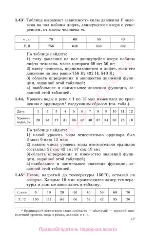 17
1.43°. Таблица выражает зависимость силы давления F чело-
века на пол кабины лифта, движущегося вверх с уско-
рением, от массы человека m.
т, кг 70 60 50 40
F, Н 756 648 540 432
По таблице найдите:
1) силу давления на пол движущейся вверх кабины
лифта человека, масса которого 60 кг; 50 кг;
2) массу человека, поднимающегося в лифте, если его
давление на пол равно 756 Н; 432 Н; 540 Н;
3) область определения и множество значений функ-
ции, заданной этой таблицей;
4) наибольшее и наименьшее значения функции, за-
данной этой таблицей.
1.44. Уровень воды в реке с 1 по 12 мая изменялся по срав-
нению с ординаром* следующим образом (см. табл.).
Дата 1 2 3 4 5 6 7 8 9 10 11 12
Уровень
воды, см
20 23 27 31 36 42 40 37 34 30 25 19
По таблице найдите:
1) какой уровень воды относительно ординара был
2 мая; 9 мая; 12 мая;
2) какого числа уровень воды относительно ординара
составлял 27 см; 42 см; 37 см; 19 см;
3) область определения и множество значений функ-
ции, заданной этой таблицей;
4) наибольшее и наименьшее значения функции, за-
данной этой таблицей.
1.45°. Песок, нагретый до температуры 150 °С, остывал на
воздухе. Каждые 10 мин производился замер темпера-
туры и данные заносились в таблицу.
t, мин 0 10 20 30 40 50 60 70
Т, °С 150 111 84 66 52 42 35 20
* Ординар (от латинского слова ordinarus — обычный) — средний мно-
голетний уровень воды в реках, заливах и т. п.
Правообладатель Народная асвета
Народная
асвета
 