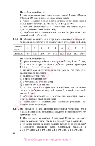 18
По таблице найдите:
1) какую температуру имел песок через 10 мин; 30 мин;
40 мин; 60 мин после начала измерений;
2) через сколько минут после начала измерений песок
имел температуру 111 °С; 66 °С; 52 °С; 35 °С;
3) область определения и множество значений функ-
ции, заданной этой таблицей;
4) наибольшее и наименьшее значения функции, за-
данной этой таблицей.
1.46. В таблице указано, как в среднем изменяется масса ре-
бенка (в зависимости от возраста) от рождения до 8 лет.
Возраст,
годы
0 1 2 3 4 5 6 7 8
Масса, кг 3,3 9,2 11,9 12,9 14,3 15,4 16,8 18,4 20,5
По таблице найдите:
1) среднюю массу ребенка в возрасте 3 лет; 5 лет; 7 лет;
2) в каком возрасте масса ребенка равна примерно
11,9 кг; 16,8 кг; 20,5 кг;
3) на сколько килограммов в среднем за год увеличи-
вается масса ребенка:
а) за первые три года;
б) с трех до шести лет;
в) с четырех до восьми лет;
г) с шести до восьми лет;
4) на сколько килограммов в среднем увеличивает-
ся масса ребенка за первый; третий; пятый; седьмой;
восьмой год;
5) область определения и множество значений функ-
ции, заданной этой таблицей;
6) наибольшее и наименьшее значения функции, за-
данной этой таблицей.
1.47°. На рисунке 5 дан график изменения толщины слоя
l (мм) выпавших дождевых осадков в зависимости от
времени t (ч).
1) Задает ли этот график функцию? Если да, то назо-
вите ее область определения и множество значений.
2) В какое время начался дождь? Когда он закончился?
3) Укажите толщину слоя дождевых осадков в
21 ч 30 мин; 22 ч 10 мин; 22 ч 50 мин; 23 ч 30 мин.
Правообладатель Народная асвета
Народная
асвета
 