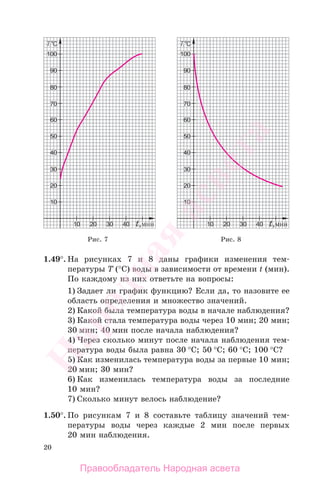 20
1.49°. На рисунках 7 и 8 даны графики изменения тем-
пературы Т (°С) воды в зависимости от времени t (мин).
По каждому из них ответьте на вопросы:
1) Задает ли график функцию? Если да, то назовите ее
область определения и множество значений.
2) Какой была температура воды в начале наблюдения?
3) Какой стала температура воды через 10 мин; 20 мин;
30 мин; 40 мин после начала наблюдения?
4) Через сколько минут после начала наблюдения тем-
пература воды была равна 30 °С; 50 °С; 60 °С; 100 °С?
5) Как изменилась температура воды за первые 10 мин;
20 мин; 30 мин?
6) Как изменилась температура воды за последние
10 мин?
7) Сколько минут велось наблюдение?
1.50°. По рисункам 7 и 8 составьте таблицу значений тем-
пературы воды через каждые 2 мин после первых
20 мин наблюдения.
Рис. 7 Рис. 8
Правообладатель Народная асвета
Народная
асвета
 