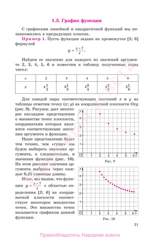 21
1.3. График функции
С графиками линейной и квадратичной функций мы по-
знакомились в предыдущих классах.
Пример 1. Пусть функция задана на промежутке [2; 6]
формулой
y
x
x
=
+ 7
.
Найдем ее значение для каждого из значений аргумен-
та 2, 3, 4, 5, 6 и поместим в таблицу полученные пары
чисел:
х 2 3 4 5 6
у 4
1
2
31
3
23
4
22
5
21
6
Для каждой пары соответствующих значений х и у из
таблицы отметим точку (х; у) на координатной плоскости Оху
(рис. 9). Рисунок дает некото-
рое наглядное представление
о множестве точек плоскости,
координатами которых явля-
ются соответствующие значе-
ния аргумента и функции.
Наше представление будет
тем точнее, чем «гуще» мы
будем выбирать значения ар-
гумента, а следовательно, и
значения функции (рис. 10).
На этом рисунке значения ар-
гумента выбраны через каж-
дые 0,25 единицы длины.
Итак, мы видим, что функ-
ции y
x
x
=
+ 7
с областью оп-
ределения [2; 6] на коорди-
натной плоскости соответ-
ствует некоторое множество
точек. Это множество точек
называется графиком данной
функции.
Рис. 9
Рис. 10
Правообладатель Народная асвета
Народная
асвета
 