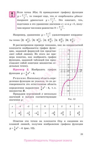 23
Если точка М(a; b) принадлежит графику функции
y
x
x
=
+ 7
, то говорят еще, что ее координаты удовле-
творяют уравнению y
x
x
=
+ 7
. Это означает, что,
подставив в это уравнение значения х = а и у = b, полу-
чим верное числовое равенство b
a
a
=
+ 7
.
Например, уравнению y
x
x
=
+ 7
удовлетворяют координа-
ты точек 2 4 1
2
; , 3 3 1
3
; , 4 2 3
4
; , 5 2 2
5
; , 6 2 1
6
; .
В рассмотренном примере показано, как на координатной
плоскости изображается график функ-
ции, заданной формулой (он представ-
ляет собой линию). Из этого же при-
мера понятно, как изобразить график
функции, заданной таблицей (он пред-
ставляет собой конечное множество от-
дельных точек).
Пример 2. Изобразить график
функции y x= −1
6
3
4.
Решение. Поскольку область опре-
деления функции не указана, то по до-
говоренности это естественная область
определения выражения 1
6
3
4x − , т. е.
множество R.
Придадим переменной х несколько
значений и найдем соответствующие
значения у:
х −3 −2 −1 0 1 2 3 4
у −8
1
2
−5
1
3
−4
1
6
−4 −3
5
6
−2
2
3
1
2
6
2
3
Отметив эти точки на плоскости Oxy и соединив их
плавной линией, получим изображение графика функции
y x= −1
6
3
4 (рис. 12).
Рис. 12
Правообладатель Народная асвета
Народная
асвета
 