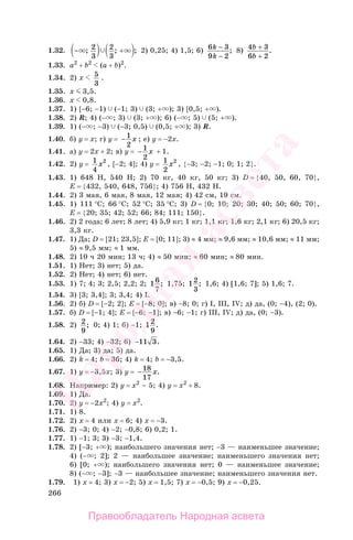 266
1.32. − +; ; ;2
3
2
3
2) 0,25; 4) 1,5; 6) 6 3
9 2
k
k
−
−
; 8) 4 3
6 2
b
b
+
+
.
1.33. a2
+ b2
(a + b)2
.
1.34. 2) x 5
3
.
1.35. x 3,5.
1.36. x 0,8.
1.37. 1) [−6; −1) (−1; 3) (3; + ); 3) [0,5; + ).
1.38. 2) R; 4) (− ; 3) (3; + ); 6) (− ; 5) (5; + ).
1.39. 1) (− ; −3) (−3; 0,5) (0,5; + ); 3) R.
1.40. б) у = х; г) у = − 1
2
х ; е) у = −2х.
1.41. а) у = 2х + 2; в) у = − 1
2
х + 1.
1.42. 2) у = 1
4
2
х , [−2; 4]; 4) у = 1
2
2
х , {−3; −2; −1; 0; 1; 2}.
1.43. 1) 648 Н, 540 Н; 2) 70 кг, 40 кг, 50 кг; 3) D = {40, 50, 60, 70},
E = {432, 540, 648, 756}; 4) 756 Н, 432 Н.
1.44. 2) 3 мая, 6 мая, 8 мая, 12 мая; 4) 42 см, 19 см.
1.45. 1) 111 °C; 66 °C; 52 °C; 35 °C; 3) D = {0; 10; 20; 30; 40; 50; 60; 70},
E = {20; 35; 42; 52; 66; 84; 111; 150}.
1.46. 2) 2 года; 6 лет; 8 лет; 4) 5,9 кг; 1 кг; 1,1 кг; 1,6 кг; 2,1 кг; 6) 20,5 кг;
3,3 кг.
1.47. 1) Да; D = [21; 23,5]; E = [0; 11]; 3) ≈ 4 мм; ≈ 9,6 мм; ≈ 10,6 мм; ≈ 11 мм;
5) ≈ 9,5 мм; ≈ 1 мм.
1.48. 2) 10 ч 20 мин; 13 ч; 4) ≈ 50 мин; ≈ 60 мин; ≈ 80 мин.
1.51. 1) Нет; 3) нет; 5) да.
1.52. 2) Нет; 4) нет; 6) нет.
1.53. 1) 7; 4; 3; 2,5; 2,2; 2; 16
7
; 1,75; 12
3
; 1,6; 4) [1,6; 7]; 5) 1,6; 7.
1.54. 3) [3; 3,4]; 3; 3,4; 4) I.
1.56. 2) б) D = [−2; 2]; Е = [−8; 0]; в) −8; 0; г) I, III, IV; д) да, (0; −4), (2; 0).
1.57. б) D = [−1; 4]; Е = [−6; −1]; в) −6; −1; г) III, IV; д) да, (0; −3).
1.58. 2) 2
9
; 0; 4) 1; 6) −1; 12
9
.
1.64. 2) −33; 4) −32; 6) −11 3.
1.65. 1) Да; 3) да; 5) да.
1.66. 2) k = 4; b = 36; 4) k = 4; b = −3,5.
1.67. 1) у = −3,5х; 3) у = −18
17
х.
1.68. Например: 2) у = х2
− 5; 4) у = х2
+ 8.
1.69. 1) Да.
1.70. 2) у = −2х2
; 4) y = x2
.
1.71. 1) 8.
1.72. 2) x = 4 или х = 6; 4) x = −3.
1.76. 2) −3; 0; 4) −2; −0,8; 6) 0,2; 1.
1.77. 1) −1; 3; 3) −3; −1,4.
1.78. 2) [−3; + ); наибольшего значения нет; −3 — наименьшее значение;
4) (− ; 2]; 2 — наибольшее значение; наименьшего значения нет;
6) [0; + ); наибольшего значения нет; 0 — наименьшее значение;
8) (− ; −3]; −3 — наибольшее значение; наименьшего значения нет.
1.79. 1) х = 4; 3) х = −2; 5) х = 1,5; 7) х = −0,5; 9) х = −0,25.
Правообладатель Народная асвета
Народная
асвета
 
