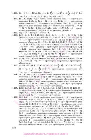 268
1.110. 2) −12; (− ; −12), (−12; + ); 4) 2 2
3
; − ; ;2 2
3
2 2
3
; ;+ 6) 2,5;
(− ; 2,5), (2,5; + ); 8) 36; (− ; 36), (36; + ).
1.111. 1) 1) R; 2) [1; + ); 3) наибольшего значения нет; 1 — наименьшее
значение; 4) (0; 5); 5) нет; 6) (− ; + ); 7) [2; + ) — промежуток
возрастания; (− ; 2) — промежуток убывания; 3) 1) R; 2) [−2; + );
3) наибольшего значения нет; −2 — наименьшее значение; 4) (0; 4),
(1; 0), (4; 0); 5) 1; 4; 6) (− ; 1), (1; 4), (4; + ); 7) [2,5; + ) — проме-
жуток возрастания; (− ; 2,5] — промежуток убывания.
1.112. 2) у = −х2
− 2х; 4) у = −х2
+ 6х − 8.
1.113. 1) 1) [−5; 6]; 2) [−3; 2]; 3) 2; −3; 4) (−3; 0), (−1; 0), (1; 0), (3; 0); (0; 2);
5) −3; −1; 1; 3; 6) [−5; −3), (−3; −1), (−1; 1), (1; 3), (3; 6]; 7) [−5; −3], [−2; 0],
[2; 3] — промежутки возрастания; [−3; −2], [0; 2], [3; 6] — про-
межутки убывания; 3) 1) [−3,5; 2]; 2) [−1,5; 2]; 3) 2; −1,5; 4) (−3; 0),
(−1; 0), (0; 0,5), (1,5; 0); 5) −3; −1; 1,5; 6) [−3,5; −3), (−3; −1); (−1; 1,5),
(1,5; 2]; 7) [−2,5; 1], [1,5; 2] — промежутки возрастания; [−3,5; −2,5],
[1; 1,5] — промежутки убывания; 5) 1) [−6; 4]; 2) [−3; 4]; 3) 4; −3;
4) (−5; 0), (−2; 0), (0; −3), (2; 0), (≈3,5; 0); 5) −5; −2; 2; ≈3,5; 6) [−6; −5),
(−5; −2), (−2; 2) (2; 3,5); (3,5; 4]; 7) [−6; −4], [0; 3] — промежутки
возрастания, [−4; 0], [3; 4] — промежутки убывания.
1.114. у = 5х + 22; 1) R; 2) R; 3) нет; 4) (−4,4; 0), (0; 22); 5) −4,4; 6) (− ; −4,4),
(−4,4; + ); 7) (− ; + ) — промежуток возрастания; промежутков
убывания нет.
1.115. у = −3х − 13; 1) R; 2) R; 3) нет; 4) −4 1
3
0; ; (0; −13); 5) −4 1
3
;
6) − −; ,4 1
3
− +4 1
3
; ; 7) промежутков возрастания нет;
(− ; + ) — промежуток убывания.
1.116. 2) 1) R; 2) [0; + ); 3) наибольшего значения нет; 0 — наименьшее
значение; 4) (0; 1), (2; 0); 5) 2; 6) (− ; 2), (2; + ); 7) [2; + ) — про-
межуток возрастания; (− ; 2] — промежуток убывания; 4) 1) R;
2) (− ; 0]; 3) 0 — наибольшее значение; наименьшего значения нет;
4) (0; −5), (1; 0); 5) 1; 6) (− ; 1), (1; + ); 7) (− ; 1] — промежуток
возрастания; [1; + ) — промежуток убывания.
1.117. 1) 1) [−2; 3]; 2) [0; 9]; 3) 9; 0; 4) (0; 0); 5) 0; 6) [−2; 0), (0; 3]; 7) [0; 3] —
промежуток возрастания; [−2; 0] — промежуток убывания; 3) 1) [−4; −1];
2) [1; 16]; 3) 16; 1; 4) нет; 5) нет; 6) [−4; −1]; 7) промежутков возрас-
тания нет; [−4; −1] — промежуток убывания.
1.118. 2) 1) R; 2) [−1; + ); 3) наибольшего значения нет; −1 — наименьшее
значение; 4) (0; 3), (1; 0), (3; 0); 5) 1; 3; 6) (− ; 1), (1; 3), (3; + );
7) [2; + ) — промежуток возрастания; (− ; 2] — промежуток убы-
вания; 4) 1) R; 2) (− ; 6,125]; 3) 6,125 — наибольшее значение;
наименьшего значения нет; 4) (−2,5; 0), (0; 5), (1; 0); 5) −2,5; 1;
6) (− ; −2,5), (−2,5; 1), (1; + ); 7) (− ; −0,75] — промежуток воз-
растания; [−0,75; + ] — промежуток убывания; 6) 1) R; 2) (− ; −6];
3) −6 — наибольшее значение; наименьшего значения нет; 4) (0; −6);
5) нет; 6) (− ; + ); 7) (− ; 0] — промежуток возрастания; [0; + ) —
промежуток убывания; 8) 1) R; 2) [−4; + ); 3) наибольшего значе-
ния нет; −4 — наименьшее значение; 4) (−1,5; 0), (0; −3), (0,5; 0);
5) −1,5; 0,5; 6) (− ; −1,5), (−1,5; 0,5), (0,5; + ); 7) [−0,5; + ) — про-
межуток возрастания; (− ; −0,5] — промежуток убывания.
Правообладатель Народная асвета
Народная
асвета
 