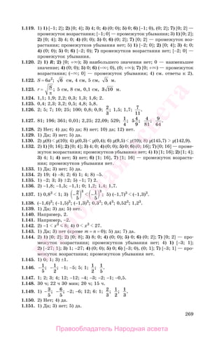269
1.119. 1) 1) [−1; 2]; 2) [0; 4]; 3) 4; 0; 4) (0; 0); 5) 0; 6) [−1; 0), (0; 2]; 7) [0; 2] —
промежуток возрастания; [−1; 0] — промежуток убывания; 3) 1) [0; 2];
2) [0; 4]; 3) 4; 0; 4) (0; 0); 5) 0; 6) (0; 2]; 7) [0; 2] — промежуток воз-
растания; промежутков убывания нет; 5) 1) [−2; 0]; 2) [0; 4]; 3) 4; 0;
4) (0; 0); 5) 0; 6) [−2; 0); 7) промежутков возрастания нет; [−2; 0] —
промежуток убывания.
1.120. 2) 1) R; 2) [0; + ); 3) наибольшего значения нет; 0 — наименьшее
значение; 4) (0; 0); 5) 0; 6) (− ; 0), (0; + ); 7) [0; + ) — промежуток
возрастания; (− ; 0] — промежуток убывания; 4) см. ответы к 2).
1.122. S = 6a2
; 6 см, 4 см, 5 см, 5 м.
1.123. r = S
π
; 5 см, 8 см, 0,1 см, 3 10 м.
1.124. 1,1; 1,9; 2,2; 0,3; 1,3; 1,6; 2.
1.125. 0,4; 2,3; 3,2; 0,5; 4,8; 5,8.
1.126. 2; 5; 7; 10; 25; 100; 0,8; 0,9; 2
3
; 1,5; 1,7; 7
11
.
1.127. 81; 196; 361; 0,01; 2,25; 22,09; 529; 1
4
; 5 4
9
; 4
81
; 9
64
.
1.128. 2) Нет; 4) да; 6) да; 8) нет; 10) да; 12) нет.
1.129. 1) Да; 3) нет; 5) да.
1.130. 2) y(8) y(10); 4) y(0,3) y(0,4); 6) y(9,5) y(10); 8) y(145,7) y(142,9).
1.132. 2) 1) [0; 16]; 2) [0; 4]; 3) 4; 0; 4) (0; 0); 5) 0; 6) (0; 16]; 7) [0; 16] — проме-
жуток возрастания; промежутков убывания нет; 4) 1) [1; 16]; 2) [1; 4];
3) 4; 1; 4) нет; 5) нет; 6) [1; 16], 7) [1; 16] — промежуток возраста-
ния; промежутков убывания нет.
1.133. 1) Да; 3) нет; 5) да.
1.134. 2) 19; 4) −8; 2; 6) 1; 4; 8) −5.
1.135. 1) −2; 3; 3) 2; 5) −1; 7) 2.
1.136. 2) −1,8; −1,5; −1,1; 0; 1,2; 1,4; 1,7.
1.137. 1) 0,83
1; 3) − −2
5
1
5
3 3
; 5) (−1,7)3
(−1,3)3
.
1.138. (−1,6)3
; (−1,5)3
; (−1,3)3
; 0,33
; 0,43
; 0,523
; 1,23
.
1.139. 1) Да; 3) да; 5) нет.
1.140. Например, 2.
1.141. Например, −2.
1.142. 2) −1 x3
8; 4) 0 x3
27.
1.143. 1) Да; 3) нет (кроме m = n = 0); 5) да; 7) да.
1.144. 2) 1) [0; 2]; 2) [0; 8]; 3) 8; 0; 4) (0; 0); 5) 0; 6) (0; 2]; 7) [0; 2] — про-
межуток возрастания; промежутков убывания нет; 4) 1) [−3; 1];
2) [−27; 1]; 3) 1; −27; 4) (0; 0); 5) 0; 6) [−3; 0), (0; 1]; 7) [−3; 1] — про-
межуток возрастания; промежутков убывания нет.
1.145. 1) 0; 1; 3) ±1.
1.146. − 1
5
; − 1
2
; −1; −5; 5; 1; 1
2
; 1
5
.
1.147. 1; 2; 3; 4; 12; −12; −4; −3; −2; −1; −0,5.
1.148. 30 ч; 22 ч 30 мин; 20 ч; 15 ч.
1.149. 1) − 3
5
; − 6
5
; −2; −6; 12; 6: 1; 2
3
; 1
2
; 1
3
.
1.150. 2) Нет; 4) да.
1.151. 1) Да; 3) нет; 5) да.
Правообладатель Народная асвета
Народная
асвета
 