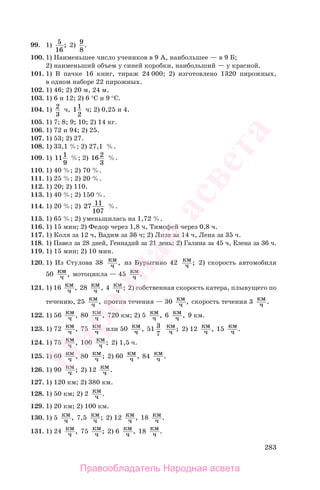 283
99. 1) 5
16
; 2) 9
8
.
100. 1) Наименьшее число учеников в 9 А, наибольшее — в 9 Б;
2) наименьший объем у синей коробки, наибольший — у красной.
101. 1) В пачке 16 книг, тираж 24 000; 2) изготовлено 1320 пирожных,
в одном наборе 22 пирожных.
102. 1) 46; 2) 20 м, 24 м.
103. 1) 6 и 12; 2) 6 °С и 9 °С.
104. 1) 2
3
ч, 11
2
ч; 2) 0,25 и 4.
105. 1) 7; 8; 9; 10; 2) 14 кг.
106. 1) 72 и 94; 2) 25.
107. 1) 53; 2) 27.
108. 1) 33,1 %; 2) 27,1 %.
109. 1) 111
9
%; 2) 16 2
3
%.
110. 1) 40 %; 2) 70 %.
111. 1) 25 %; 2) 20 %.
112. 1) 20; 2) 110.
113. 1) 40 %; 2) 150 %.
114. 1) 20 %; 2) 27 11
107
%.
115. 1) 65 %; 2) уменьшилась на 1,72 %.
116. 1) 15 мин; 2) Федор через 1,8 ч, Тимофей через 0,8 ч.
117. 1) Коля за 12 ч, Вадим за 36 ч; 2) Лиза за 14 ч, Лена за 35 ч.
118. 1) Павел за 28 дней, Геннадий за 21 день; 2) Галина за 45 ч, Елена за 36 ч.
119. 1) 15 мин; 2) 10 мин.
120. 1) Из Стулова 38 км
ч , из Бурыгино 42 км
ч ; 2) скорость автомобиля
50 км
ч , мотоцикла — 45 км
ч .
121. 1) 16 км
ч , 28 км
ч , 4 км
ч ; 2) собственная скорость катера, плывущего по
течению, 25 км
ч , против течения — 30 км
ч , скорость течения 3 км
ч .
122. 1) 56 км
ч , 80 км
ч , 720 км; 2) 5 км
ч , 6 км
ч , 9 км.
123. 1) 72 км
ч , 75 км
ч или 50 км
ч , 51 3
7
км
ч ; 2) 12 км
ч , 15 км
ч .
124. 1) 75 км
ч , 100 км
ч ; 2) 1,5 ч.
125. 1) 60 км
ч , 80 км
ч ; 2) 60 км
ч , 84 км
ч .
126. 1) 90 км
ч ; 2) 12 км
ч .
127. 1) 120 км; 2) 380 км.
128. 1) 50 км; 2) 2 км
ч .
129. 1) 20 км; 2) 100 км.
130. 1) 5 км
ч , 7,5 км
ч ; 2) 12 км
ч , 18 км
ч .
131. 1) 24 км
ч , 75 км
ч ; 2) 6 км
ч , 18 км
ч .
Правообладатель Народная асвета
Народная
асвета
 