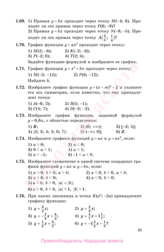 29
1.69. 1) Прямая у = kx проходит через точку М(−4; 6). Про-
ходит ли эта прямая через точку Р(6; −9)?
2) Прямая у = kx проходит через точку N(−8; −5). Про-
ходит ли эта прямая через точку A 2
5
1
4
; ?
1.70. График функции у = аx2
проходит через точку:
1) M(2; −6); 2) K(−2; −8);
3) Р(−2; 8); 4) Т(2; 4).
Задайте функцию формулой и изобразите ее график.
1.71. График функции у = x2
+ kx проходит через точку:
1) M(−2; −12); 2) P(6; −12).
Найдите k.
1.72. Изобразите график функции у = (x − m)2
− 2 и укажите
его ось симметрии, если известно, что ему принадле-
жит точка:
1) А(−6; 2); 2) B(5; −1);
3) C(4; 7); 4) D(−3; −2).
1.73. Изобразите график функции, заданной формулой
у = 0,6х, с областью определения:
1) R; 2) (0; + ); 3) [−3; 5];
4) {2; 3; 4; 5; 6; 7}; 5) (− ; 0]; 6) Z.
1.74. Изобразите графики функций у = ах и у = ах2
, если:
1) а 0; 2) а 0;
3) 0 а 1; 4) а 1;
5) а −1; 6) −1 а 0.
1.75. Изобразите схематично в одной системе координат гра-
фики функций у = ах и у = bx, если:
1) а 0, b 0, a b; 2) а 0, b 0, a b;
3) а 0, b 0; 4) а 0, b 0;
5) а 0, b 0, a b= ;
6) а 0, b 0, a b1 1, .
1.76. При каких значениях а точка K(a2
; −2a) принадлежит
графику функции:
1) y x= 3
2
; 2) y x= 2
3
;
3) y x= − +2
3
8
3
; 4) y x= +5
7
1
7
1 ;
5) y x= +1
2
3
2
; 6) y x= − −12
3
1
3
?
Правообладатель Народная асвета
Народная
асвета
 