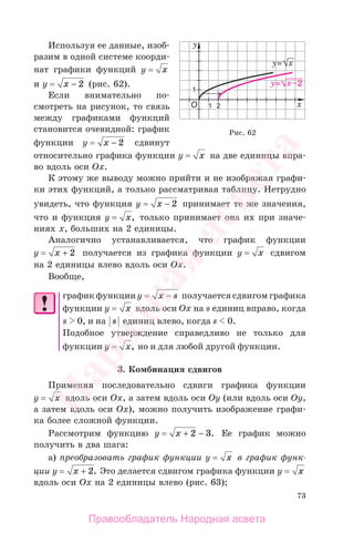 73
Используя ее данные, изоб-
разим в одной системе коорди-
нат графики функций у = x
и у = x − 2 (рис. 62).
Если внимательно по-
смотреть на рисунок, то связь
между графиками функций
становится очевидной: график
функции у = x − 2 сдвинут
относительно графика функции у = x на две единицы впра-
во вдоль оси Ох.
К этому же выводу можно прийти и не изображая графи-
ки этих функций, а только рассматривая таблицу. Нетрудно
увидеть, что функция у = x − 2 принимает те же значения,
что и функция у = x, только принимает она их при значе-
ниях х, больших на 2 единицы.
Аналогично устанавливается, что график функции
у = x + 2 получается из графика функции у = x сдвигом
на 2 единицы влево вдоль оси Ох.
Вообще,
график функции у = x s− получается сдвигом графика
функции у = x вдоль оси Ох на s единиц вправо, когда
s 0, и на s единиц влево, когда s 0.
Подобное утверждение справедливо не только для
функции у = x, но и для любой другой функции.
3. Комбинация сдвигов
Применяя последовательно сдвиги графика функции
у = x вдоль оси Ох, а затем вдоль оси Оу (или вдоль оси Оу,
а затем вдоль оси Ох), можно получить изображение графи-
ка более сложной функции.
Рассмотрим функцию у = x + −2 3. Ее график можно
получить в два шага:
а) преобразовать график функции у = x в график функ-
ции у = x + 2. Это делается сдвигом графика функции у = x
вдоль оси Ох на 2 единицы влево (рис. 63);
Рис. 62
Правообладатель Народная асвета
Народная
асвета
 