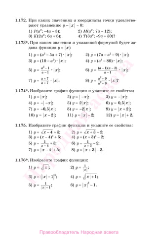 1.172. При каких значениях а координаты точки удовлетво-
ряют уравнению у − x = 0:
1) P(a2
; −4a − 3); 2) M(a2
; 7a − 12);
3) K(2a2
; 6a + 8); 4) T(3a2
; −9a + 30)?
1.173*. При каком значении а указанной формулой будет за-
дана функция у = x :
1) у = (а2
− 5а + 7) x ; 2) у = (7а − а2
− 9) x ;
3) у = (10 − а2
) x ; 4) у = (а4
− 80) x ;
5) у =
a
a
2
1
1
−
−
x ; 6) у =
( )( )a a
a
− −
−
1 2
1
x ;
7) у =
a
a
+
+
7
7
x ; 8) у =
a
a
2
2
9
9
+
+
x ?
1.174*. Изобразите график функции и укажите ее свойства:
1) у = x ; 2) у = −x ; 3) у = − x ;
4) у = − −x ; 5) у = 2 x ; 6) у = 0 5, ;x
7) у = −0 5, ;x 8) у = −2 x ; 9) у = x + 2 ;
10) у = x − 2 ; 11) у = x − 2; 12) у = x + 2.
1.175. Изобразите график функции и укажите ее свойства:
1) у = x − +4 5; 2) у = x + 3 2− ;
3) у = (x − 4)3
+ 5; 4) у = (x + 3)3
− 2;
5) у = 1
4
5
x −
+ ; 6) у = 1
3
2
x +
− ;
7) у = x − +4 5; 8) у = x + −3 2.
1.176*. Изобразите график функции:
1) у = x ; 2) у = 1
x
;
3) у = x − 1
3
; 4) у = x + 1;
5) у = 1
1x +
; 6) у = x
3
1− .
Правообладатель Народная асвета
Народная
асвета
 