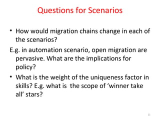 Questions for Scenarios
• How would migration chains change in each of
the scenarios?
E.g. in automation scenario, open migration are
pervasive. What are the implications for
policy?
• What is the weight of the uniqueness factor in
skills? E.g. what is the scope of ‘winner take
all’ stars?
11
 