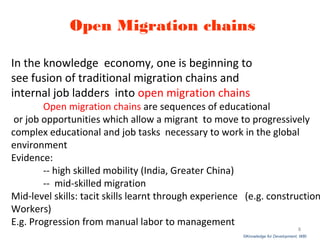 ©Knowledge for Development, WBI
Open Migration chains
In the knowledge economy, one is beginning to
see fusion of traditional migration chains and
internal job ladders into open migration chains
Open migration chains are sequences of educational
or job opportunities which allow a migrant to move to progressively
complex educational and job tasks necessary to work in the global
environment
Evidence:
-- high skilled mobility (India, Greater China)
-- mid-skilled migration
Mid-level skills: tacit skills learnt through experience (e.g. construction
Workers)
E.g. Progression from manual labor to management
8
 