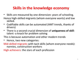 Skills in the knowledge economy
• Skills are measured by one dimension: years of schooling.
Hence high-skilled migrants (whom everyone wants) and low
skilled.
• Codifiable skills can be automated (AMT trends, thanks of
drivers)
• There is a second crucial dimension of uniqueness of skill:
talent -a knack for problem solving
This is because automation and other modern trends
• Hence, two new categories:
Mid-skilled migrants with tacit skills (whom everyone needs):
nannies, construction workers
High achievers: the stars of each profession
9
 
