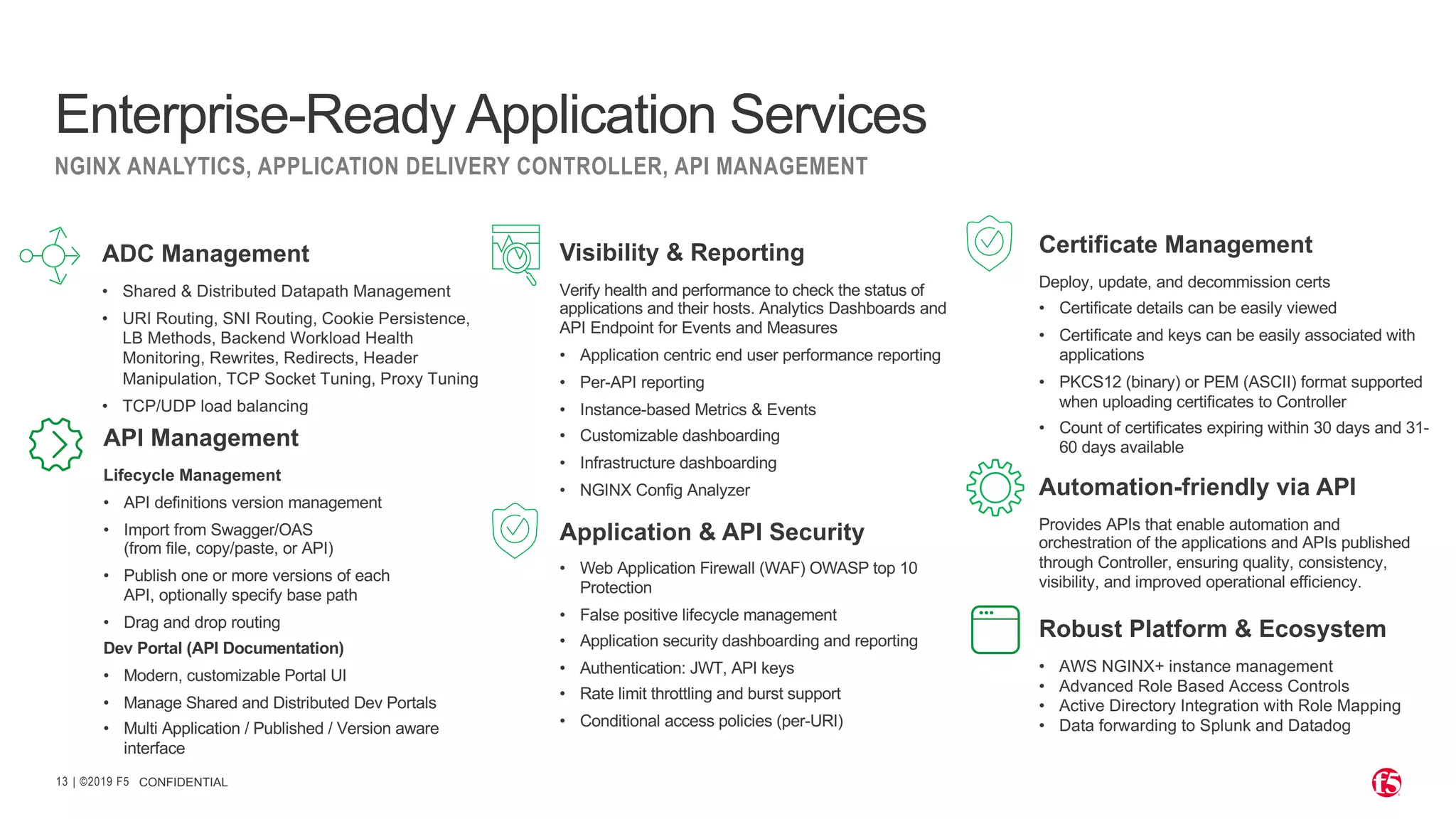 | ©2019 F5
13
NGINX ANALYTICS, APPLICATION DELIVERY CONTROLLER, API MANAGEMENT
Enterprise-Ready Application Services
CONFIDENTIAL
ADC Management
• Shared & Distributed Datapath Management
• URI Routing, SNI Routing, Cookie Persistence,
LB Methods, Backend Workload Health
Monitoring, Rewrites, Redirects, Header
Manipulation, TCP Socket Tuning, Proxy Tuning
• TCP/UDP load balancing
Visibility & Reporting
Verify health and performance to check the status of
applications and their hosts. Analytics Dashboards and
API Endpoint for Events and Measures
• Application centric end user performance reporting
• Per-API reporting
• Instance-based Metrics & Events
• Customizable dashboarding
• Infrastructure dashboarding
• NGINX Config Analyzer
Application & API Security
• Web Application Firewall (WAF) OWASP top 10
Protection
• False positive lifecycle management
• Application security dashboarding and reporting
• Authentication: JWT, API keys
• Rate limit throttling and burst support
• Conditional access policies (per-URI)
Automation-friendly via API
Provides APIs that enable automation and
orchestration of the applications and APIs published
through Controller, ensuring quality, consistency,
visibility, and improved operational efficiency.
API Management
Lifecycle Management
• API definitions version management
• Import from Swagger/OAS
(from file, copy/paste, or API)
• Publish one or more versions of each
API, optionally specify base path
• Drag and drop routing
Dev Portal (API Documentation)
• Modern, customizable Portal UI
• Manage Shared and Distributed Dev Portals
• Multi Application / Published / Version aware
interface
Robust Platform & Ecosystem
• AWS NGINX+ instance management
• Advanced Role Based Access Controls
• Active Directory Integration with Role Mapping
• Data forwarding to Splunk and Datadog
Certificate Management
Deploy, update, and decommission certs
• Certificate details can be easily viewed
• Certificate and keys can be easily associated with
applications
• PKCS12 (binary) or PEM (ASCII) format supported
when uploading certificates to Controller
• Count of certificates expiring within 30 days and 31-
60 days available
 