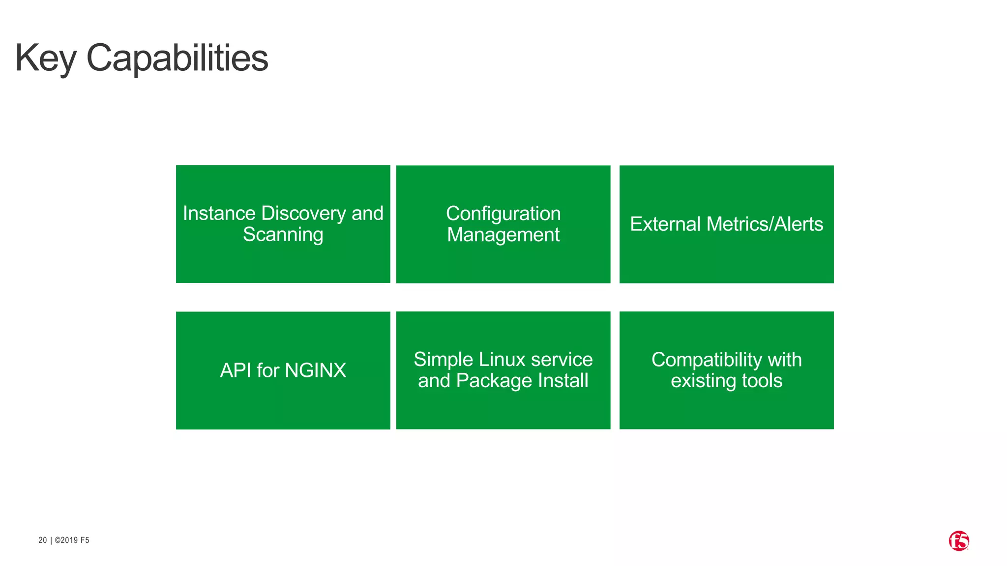 | ©2019 F5
20
Key Capabilities
API for NGINX
Instance Discovery and
Scanning
Simple Linux service
and Package Install
Compatibility with
existing tools
Configuration
Management
External Metrics/Alerts
 