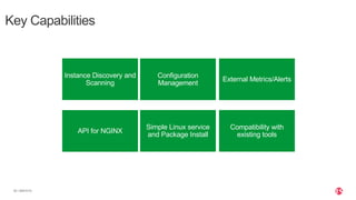 | ©2019 F5
20
Key Capabilities
API for NGINX
Instance Discovery and
Scanning
Simple Linux service
and Package Install
Compatibility with
existing tools
Configuration
Management
External Metrics/Alerts
 