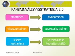 KANSAINVÄLISYYSSTRATEGIA 2.0 
staattinen dynaaminen 
yksisuuntainen vuorovaikutteinen 
sisältö 
luettavissa 
yhteisöllisesti 
tuotettu sisältö 
Sodankylä 13.9.2014 Tiina Sarisalmi 
 
