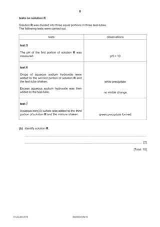 8
0620/63/O/N/16© UCLES 2016
	 tests on solution R
	Solution R was divided into three equal portions in three test-tubes.
	The following tests were carried out.
tests observations
test 5
The pH of the first portion of solution R was
measured. pH = 10
test 6
Drops of aqueous sodium hydroxide were
added to the second portion of solution R and
the test-tube shaken.
Excess aqueous sodium hydroxide was then
added to the test-tube.
white precipitate
no visible change
test 7
Aqueous iron(II) sulfate was added to the third
portion of solution R and the mixture shaken. green precipitate formed
	 (b)	Identify solution R.
	 .....................................................................................................................................................
	 ............................................................................................................................................... [2]
[Total: 10]
 