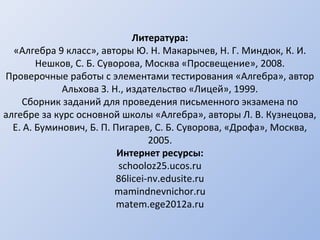 Литература:
«Алгебра 9 класс», авторы Ю. Н. Макарычев, Н. Г. Миндюк, К. И.
Нешков, С. Б. Суворова, Москва «Просвещение», 2008.
Проверочные работы с элементами тестирования «Алгебра», автор
Альхова З. Н., издательство «Лицей», 1999.
Сборник заданий для проведения письменного экзамена по
алгебре за курс основной школы «Алгебра», авторы Л. В. Кузнецова,
Е. А. Буминович, Б. П. Пигарев, С. Б. Суворова, «Дрофа», Москва,
2005.
Интернет ресурсы:
schooloz25.ucos.ru
86licei-nv.edusite.ru
mamindnevnichor.ru
matem.ege2012a.ru
 