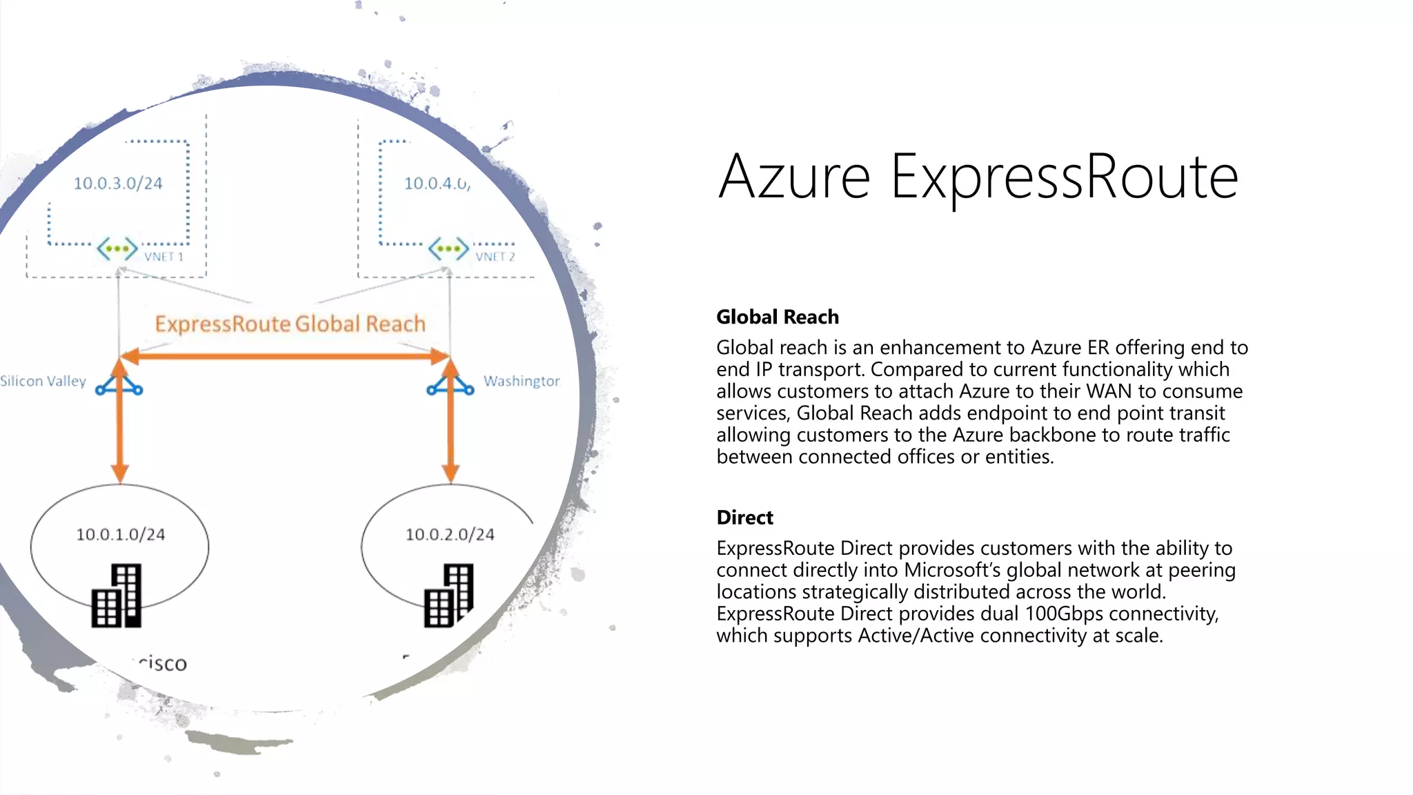 Azure ExpressRoute
Global Reach
Global reach is an enhancement to Azure ER offering end to
end IP transport. Compared to current functionality which
allows customers to attach Azure to their WAN to consume
services, Global Reach adds endpoint to end point transit
allowing customers to the Azure backbone to route traffic
between connected offices or entities.
Direct
ExpressRoute Direct provides customers with the ability to
connect directly into Microsoft’s global network at peering
locations strategically distributed across the world.
ExpressRoute Direct provides dual 100Gbps connectivity,
which supports Active/Active connectivity at scale.
 