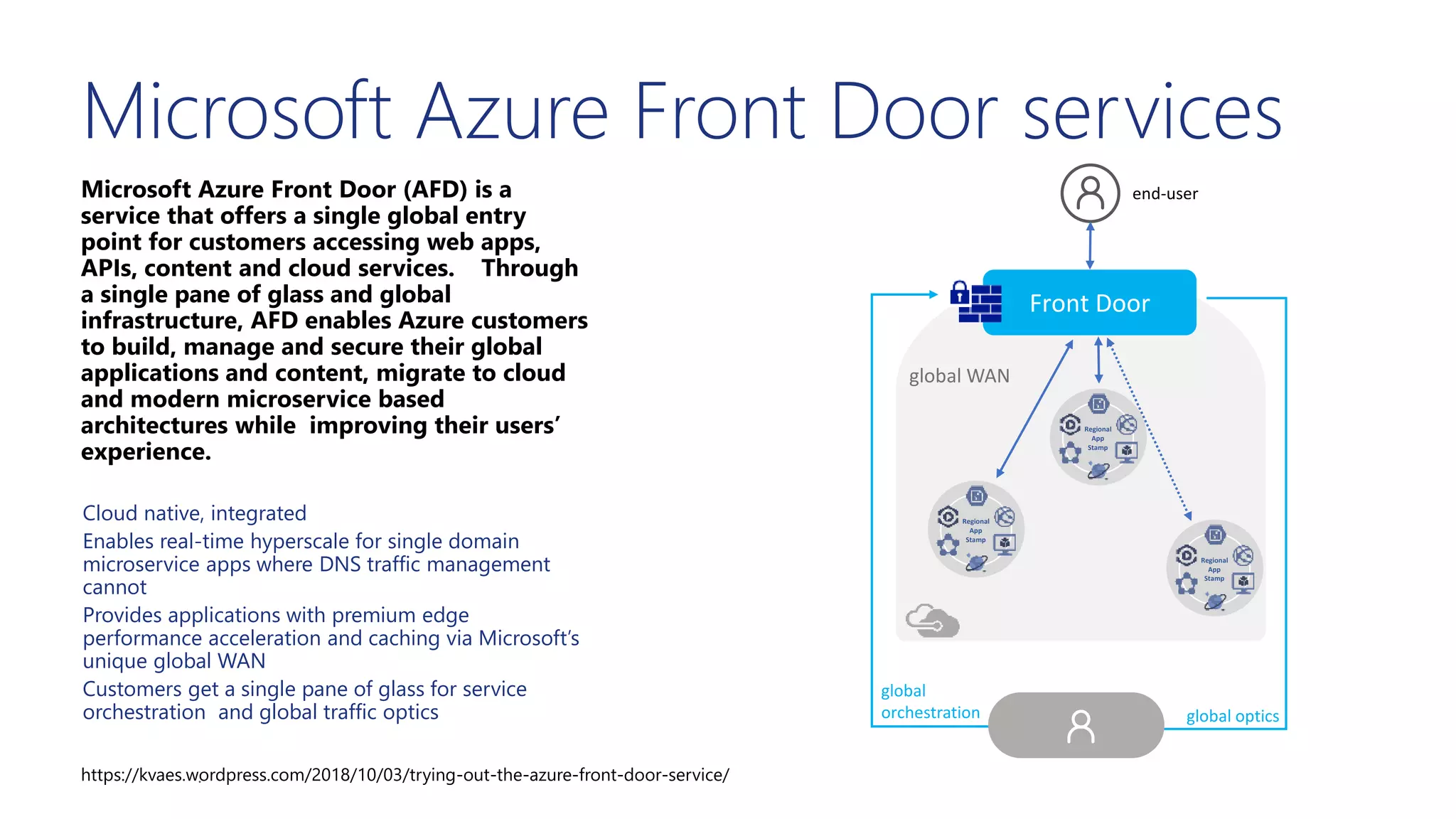 Microsoft Azure Front Door (AFD) is a
service that offers a single global entry
point for customers accessing web apps,
APIs, content and cloud services. Through
a single pane of glass and global
infrastructure, AFD enables Azure customers
to build, manage and secure their global
applications and content, migrate to cloud
and modern microservice based
architectures while improving their users’
experience.
Cloud native, integrated
Enables real-time hyperscale for single domain
microservice apps where DNS traffic management
cannot
Provides applications with premium edge
performance acceleration and caching via Microsoft’s
unique global WAN
Customers get a single pane of glass for service
orchestration and global traffic optics
Learn more.
Microsoft Azure Front Door services
Front Door
global WAN
global
orchestration global optics
end-user
Regional
App
Stamp
Regional
App
Stamp
Regional
App
Stamp
https://kvaes.wordpress.com/2018/10/03/trying-out-the-azure-front-door-service/
 