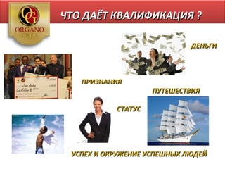 ЧТО ДАЁТ КВАЛИФИКАЦИЯ ?

                             ДЕНЬГИ



   ПРИЗНАНИЯ
                    ПУТЕШЕСТВИЯ

           СТАТУС




 УСПЕХ И ОКРУЖЕНИЕ УСПЕШНЫХ ЛЮДЕЙ
 