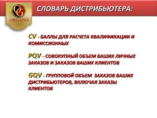 СЛОВАРЬ ДИСТРИБЬЮТЕРА:


CV – БАЛЛЫ ДЛЯ РАСЧЕТА КВАЛИФИКАЦИИ И
КОМИССИОННЫХ

PQV – СОВОКУПНЫЙ ОБЪЕМ ВАШИХ ЛИЧНЫХ
ЗАКАЗОВ И ЗАКАЗОВ ВАШИХ КЛИЕНТОВ

GQV – ГРУППОВОЙ ОБЪЕМ ЗАКАЗОВ ВАШИХ
ДИСТРИБЬЮТЕРОВ, ВКЛЮЧАЯ ЗАКАЗЫ
КЛИЕНТОВ
 