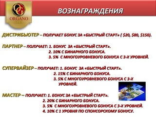ВОЗНАГРАЖДЕНИЯ

ДИСТРИБЬЮТЕР – ПОЛУЧАЕТ БОНУС ЗА «БЫСТРЫЙ СТАРТ» ( $20, $80, $150).

ПАРТНЕР – ПОЛУЧАЕТ: 1. БОНУС ЗА «БЫСТРЫЙ СТАРТ».
                    2. 10% С БИНАРНОГО БОНУСА.
                    3. 5% С МНОГОУРОВНЕВОГО БОНУСА С 3-Х УРОВНЕЙ.

СУПЕРВАЙЗЕР – ПОЛУЧАЕТ: 1. БОНУС ЗА «БЫСТРЫЙ СТАРТ».
                      2. 15% С БИНАРНОГО БОНУСА.
                      3. 5% С МНОГОУРОВНЕВОГО БОНУСА С 3-Х
                         УРОВНЕЙ.

МАСТЕР – ПОЛУЧАЕТ: 1. БОНУС ЗА «БЫСТРЫЙ СТАРТ».
                  2. 20% С БИНАРНОГО БОНУСА.
                  3. 5% С МНОГОУРОВНЕВОГО БОНУСА С 3-Х УРОВНЕЙ.
                  4. 10% С 1 УРОВНЯ ПО СПОНСОРСКОМУ БОНУСУ.
 
