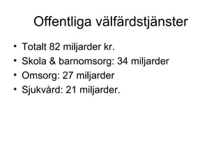 Offentliga välfärdstjänster
•   Totalt 82 miljarder kr.
•   Skola & barnomsorg: 34 miljarder
•   Omsorg: 27 miljarder
•   Sjukvård: 21 miljarder.
 