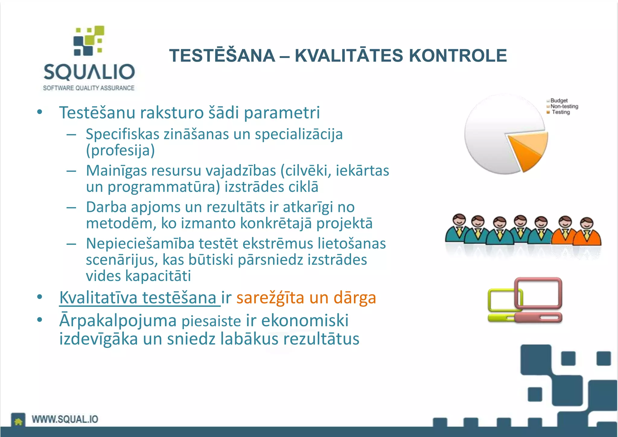TESTĒŠANA – KVALITĀTES KONTROLE
• Testēšanu raksturo šādi parametri
– Specifiskas zināšanas un specializācija
(profesija)
– Mainīgas resursu vajadzības (cilvēki, iekārtas
un programmatūra) izstrādes ciklā
– Darba apjoms un rezultāts ir atkarīgi no
metodēm, ko izmanto konkrētajā projektā
– Nepieciešamība testēt ekstrēmus lietošanas
scenārijus, kas būtiski pārsniedz izstrādes
vides kapacitāti
• Kvalitatīva testēšana ir sarežģīta un dārga
• Ārpakalpojuma piesaiste ir ekonomiski
izdevīgāka un sniedz labākus rezultātus
 