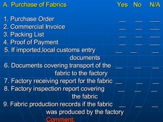 Purchase of Fabrics Yes No N/A 1. Purchase Order  __  __ ___ 2. Commercial Invoice  __  __ ___ 3. Packing List  __  __ ___ 4. Proof of Payment    __  __ ___ 5. If imported,local customs entry  __  __   __ documents 6. Documents covering transport of the  __ __  __ fabric to the factory   7. Factory receiving report for the fabric  __  __  __ 8. Factory inspection report covering __  __  __  the fabric  9. Fabric production records if the fabric  __  __  __  was produced by the factory Comment: _____________ 
