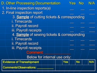 D. Other Processing Documentation Yes No N/A   1. In-line inspection reports(s) __   __ ___ 2. Final inspection report __  __ ___ 3.  Sample  of cutting tickets & corresponding i. Timecards __  __ ___ ii. Payroll record __  __ ___ iii. Payroll receipts __  __ ___ 4.   Sample  of sewing tickets & corresponding i. Timecards __  __ ___ ii. Payroll record __  __ ___ iii. Payroll receipts __  __ ___ Comment:  ______________ Below for internal use only: Comments\Observations: ___________ N/A No Yes Evidence of Transshipment 