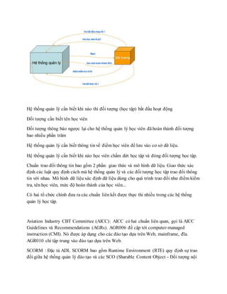 Hệ thống quản lý cần biết khi nào thì đối tượng (học tập) bắt đầu hoạt động 
Đối tượng cần biết tên học viên 
Đối tượng thông báo ngược lại cho hệ thống quản lý học viên đã hoàn thành đối tượng 
bao nhiều phần trăm 
Hệ thống quản lý cần biết thông tin về điểm học viên để lưu vào cơ sở dữ liệu. 
Hệ thống quản lý cần biết khi nào học viên chấm dứt học tập và đóng đối tượng học tập. 
Chuẩn trao đổi thông tin bao gồm 2 phần: giao thức và mô hình dữ liệu. Giao thức xác 
định các luật quy định cách mà hệ thống quản lý và các đối tượng học tập trao đổi thông 
tin với nhau. Mô hình dữ liệu xác định dữ liệu dùng cho quá trình trao đổi như điểm kiểm 
tra, tên học viên, mức độ hoàn thành của học viên... 
Có hai tổ chức chính đưa ra các chuẩn liên kết được thực thi nhiều trong các hệ thống 
quản lý học tập. 
Aviation Industry CBT Committee (AICC): AICC có hai chuẩn liên quan, gọi là AICC 
Guidelines và Recommendations (AGRs). AGR006 đề cập tới computer-managed 
instruction (CMI). Nó được áp dụng cho các đào tạo dựa trên Web, mainframe, đĩa. 
AGR010 chỉ tập trung vào đào tạo dựa trên Web. 
SCORM : Đặc tả ADL SCORM bao gồm Runtime Environment (RTE) quy định sự trao 
đổi giữa hệ thống quản lý đào tạo và các SCO (Sharable Content Object - Đối tượng nội 
 