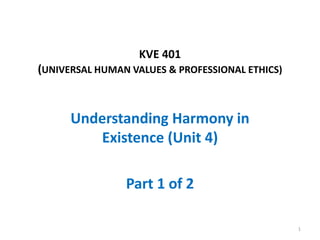 KVE 401
(UNIVERSAL HUMAN VALUES & PROFESSIONAL ETHICS)
Understanding Harmony in
Existence (Unit 4)
Part 1 of 2
1
 