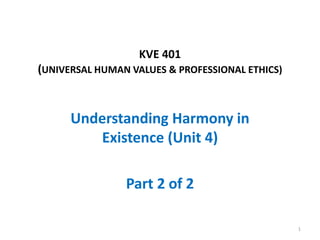 KVE 401
(UNIVERSAL HUMAN VALUES & PROFESSIONAL ETHICS)
Understanding Harmony in
Existence (Unit 4)
Part 2 of 2
1
 